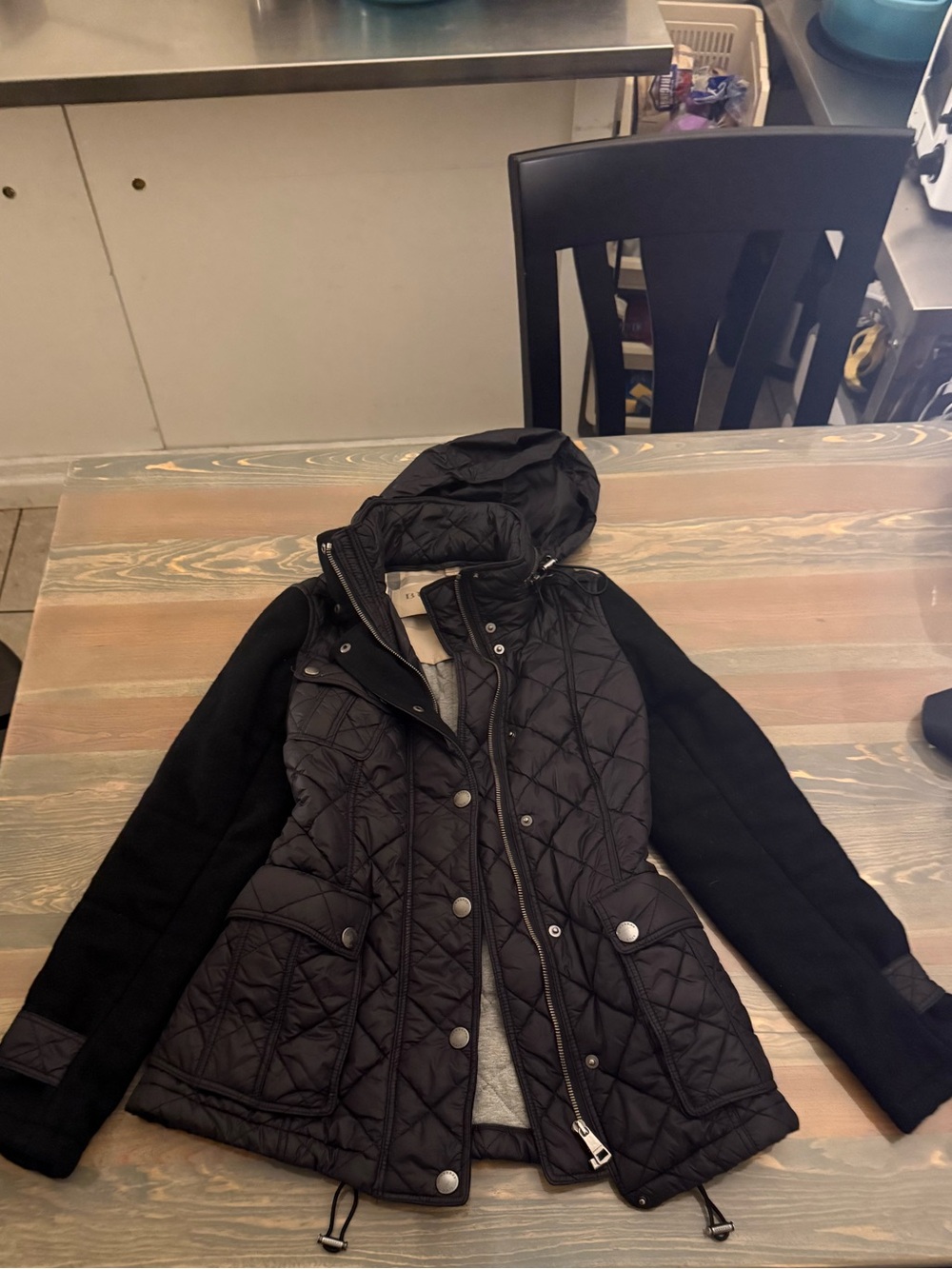 Burberry Brit Black Quilted Hooded wool cotton nylon jacket XS